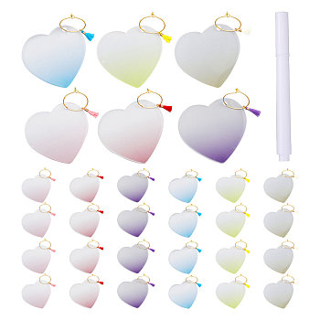 30Pcs 6 Color Gradient Transparent Acrylic Disc Wine Glass Charms, with Brass Wine Glass Charm Rings and Plastic Erasable Pen, Heart, Mixed Color, 65mm, 5pcs/color