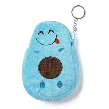 Cartoon Style Avocado Fluffy Cloth Wallets, Change Purse with Zipper & Keychain, for Women, Light Sky Blue, 17.5cm