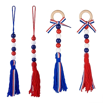 Crafans 4Pcs 2 Style Independence Day Theme Wooden Ring & Woolen Yarn Tassels Pendant Decorations, with Wooden Beads, Mixed Color, 260~320mm, 2 style, 4pcs