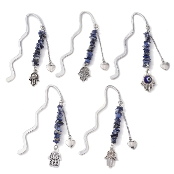 Natural Sodalite Beads Bookmarks, Hamsa Hand Alloy Charms Bookmarker, Antique Silver, 85~92mm, 5pcs/set.
