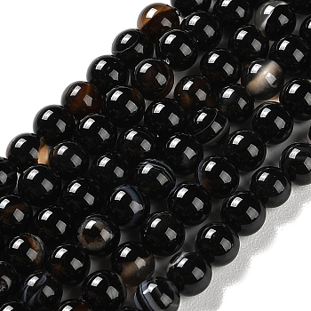Natural Striped Agate/Banded Agate Beads Strands, Dyed, Round, Black, 6mm, Hole: 0.8mm, about 32pcs/strand, 7.60''(19.3cm)