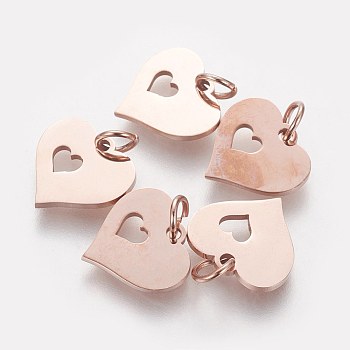 304 Stainless Steel Pendants, with Jump Ring, Heart in Heart, Rose Gold, 12x12.5x1mm, Hole: 3mm
