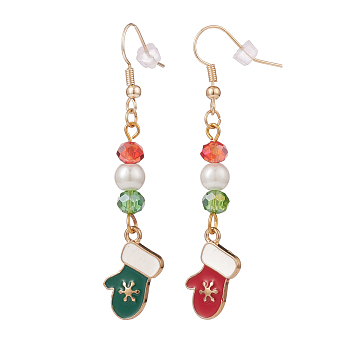 Enamel Snowflake Glove Charm with Glass Pearl Dangle Earrings, Gold Plated Brass Christmas Asymmetrical Earrings for Women, Colorful, 60.5mm, Pin: 0.8mm