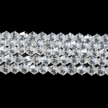 Transparent Electroplate Glass Beads Strands, Pearl Luster Plated, Faceted, Bicone, Clear, 4x4mm, Hole: 0.8mm, about 82~85pcs/strand, 12.01~12.2 inch(30.5~31cm)