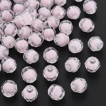 Transparent Acrylic Beads, Bead in Bead, Faceted, Round, Pink, 8x7.5mm, Hole: 2mm, about 2000pcs/500g