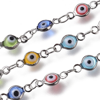 3.28 Feet Handmade Evil Eye Lampwork Link Chains, Soldered, with Brass Findings, Long-Lasting Plated, Flat Round, Gunmetal, Mixed Color, 10x4.5x2mm, Hole: 1.5mm