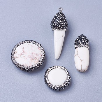 Natural Magnesite Beads and Pendants, with Rhinestone, Mixed Shapes, 17~36x10~23x5~12mm, Hole: 0.8~1.6mm