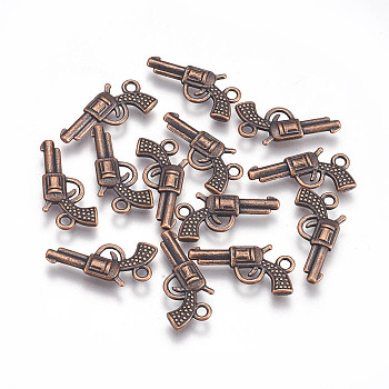 Zinc Alloy Gun Necklace Pendant, Revolver Pistol Charm, Lead Free and Cadmium Free, Red Copper, 22x12x3mm, Hole: 2mm