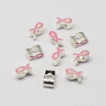 Alloy Enamel Awareness Ribbon Large Hole European Beads, Silver Color Plated, Pink, 11x6x8mm, Hole: 5mm