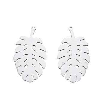 201 Stainless Steel Pendants, Monstera Leaf, Stainless Steel Color, 33.5x18.5x1mm, Hole: 1.4mm