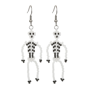 MIYUKI Delica Beaded Skeleton Dangle Earrings, 304 Stainless Steel Long Drop Earrings, White, 71.5mm
