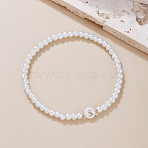 Plastic Pearl Round Beaded Stretch Bracelets for Women, Letter, White, Golden, Letter S, 7-1/4~7-1/2 inch(18.5~19cm)(WGC81DB-19)