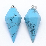 Synthetic Turquoise Pointed Pendants, with Brass Findings, Bullet, Platinum, 38.5x16x14.5mm, Hole: 5x8mm(KK-E757-F-07P)