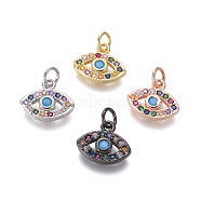 Brass Micro Pave Cubic Zirconia Charms, with Jump Rings, Eye, Colorful, Mixed Color, 11x13x2.5mm, Hole: 3mm(ZIRC-I032-70)