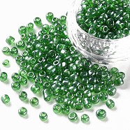Glass Seed Beads, Trans. Colours Lustered, Round, Dark Green, 4mm, Hole: 1.5mm, about 1000pcs/100g(X1-SEED-A006-4mm-107B)