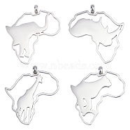 4Pcs 4 Style 304 Stainless Steel Pendants, Africa Map with Giraffe & Elephant & Rhinoceros & Leopard, Stainless Steel Color, 27~28x24.5~25x1.3~1.5mm, Hole: 2mm, 1pc/style(STAS-UN0034-49)