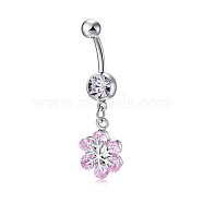 Piercing Jewelry, Brass Cubic Zirconia Navel Ring, Navel Ring Belly Rings, with 304 Stainless Steel Bar, Lead Free & Cadmium Free, Flower, Platinum, Pearl Pink, 42x10mm, Bar Length: 3/8"(10mm), Bar: 14 Gauge(1.6mm)(AJEW-EE0006-18A)
