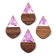 Transparent Resin & Walnut Wood Pendants, Teardrop Charms with Heart Paillettes, Waxed, Violet, 28x18x3.5mm, Hole: 1.8mm(RESI-N039-60A)