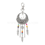 Woven Net/Web with Feather Tibetan Style Alloy Pendant Decorations, with Synthetic Turquoise Lobster Clasp Charms, Clip-on Charms, for Keychain, Purse, Backpack Ornament, 137mm long, Pendant: 106x42.5x5.5mm(HJEW-JM00812)