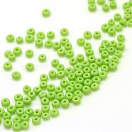 Frosted Opaque Glass Seed Beads, Round, Lawn Green, 4~5x2.5~5mm, Hole: 1mm, about 4500pcs/bag, 440~450g/bag(SEED-R029-4mm-A03)