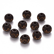 Painted Natural Wood Beads, Laser Engraved Pattern, Round with Flower Pattern, Coconut Brown, 10x9mm, Hole: 3mm(WOOD-N006-03A-05)