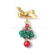 Christmas Theme Glass Beaded Tree Brooch, Golden Brass Bowknot Lapel Pin for Backpack Clothes, Colorful, 58mm(JEWB-TA00010)