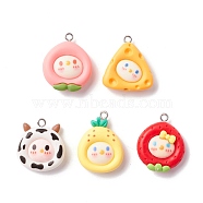 Opaque Resin Pendants, with Platinum Tone Iron Loop, Cartoon Style, Fruit & Cheese & Cow, Mixed Color, 23~28x20~23x7~7.5mm, Hole: 1.5mm(CRES-I027-14P)