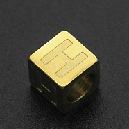 201 Stainless Steel European Beads, Large Hole Beads, Horizontal Hole, Cube, Golden, Letter.H, 7x7x7mm, Hole: 5mm(STAS-N090-LA063-H)