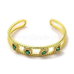 Square & Teardrop & Horse Eye Glass Open Cuff Bangle with Cubic Zirconia, Golden Brass Jewelry for Women, Dark Green, Inner Diameter: 2x2-1/8 inch(5.1x5.35cm)(BJEW-A136-01G-02)