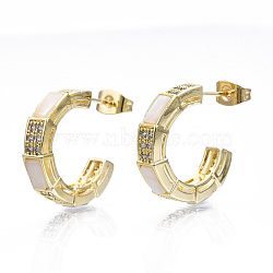 Cubic Zirconia Open Hoop Earrings, Enamel Half Hoop Earrings, C-shape Brass Stud Earrings for Girl Women, Nickel Free, Real 16K Gold Plated, 20x4mm, Pin: 0.8mm(EJEW-N015-16-NF)