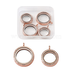 4Pcs 2 Style Alloy Glass Crystal Rhinestone Pendants, DIY Accessories for Jewelry Pendant Making, Flat Round, Rose Gold, 25~30mm, 7mm thick, hole: 4mm, 2pcs/style, Box: 7.4x7.2x1.7cm(PALLOY-TA0002-36D)