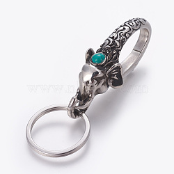 304 Stainless Steel Split Key Rings, Keychain Clasp Findings, with Synthetic Turquoise, Elephant, Antique Silver, 83.5mm, Ring: 28x2.5mm, 22mm Inner Diameter(STAS-E452-58A-AS)
