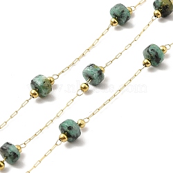 Ion Plating(IP) 316 Surgical Stainless Steel Paperclip Chains, with Natural African Jade Column Beads, Soldered, Real 18K Gold Plated, with Spool, Link: 2.5x1x0.3mm(CHS-I019-12F)