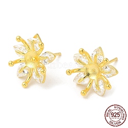 925 Sterling Silver Stud Earring Findings, with Cubic Zirconia, Flower, for Half Drilled Beads, Real 18K Gold Plated, 12x12x5mm, Pin: 0.7mm(STER-M114-23G)