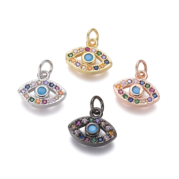 Brass Micro Pave Cubic Zirconia Charms, with Jump Rings, Eye, Colorful, Mixed Color, 11x13x2.5mm, Hole: 3mm