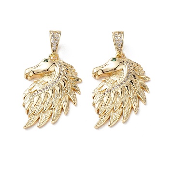 Brass Micro Pave Cubic Zirconia Pendants, Real 16K Gold Plated, Horse Charms, Clear, 29x19x4mm, Hole: 7mm