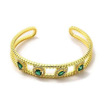 Square & Teardrop & Horse Eye Glass Open Cuff Bangle with Cubic Zirconia, Golden Brass Jewelry for Women, Dark Green, Inner Diameter: 2x2-1/8 inch(5.1x5.35cm)
