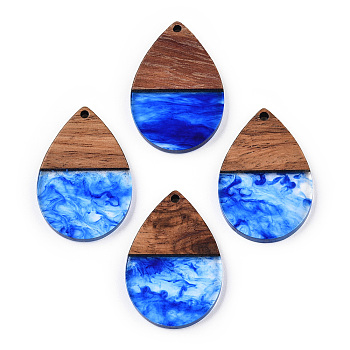 Transparent Resin & Walnut Wood Pendants, Teardrop Charms, Blue, 36x24.5x3.5mm, Hole: 2mm
