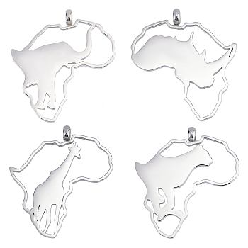 4Pcs 4 Style 304 Stainless Steel Pendants, Africa Map with Giraffe & Elephant & Rhinoceros & Leopard, Stainless Steel Color, 27~28x24.5~25x1.3~1.5mm, Hole: 2mm, 1pc/style