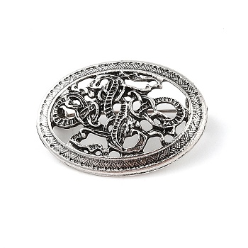Tibetan Style Alloy Brooches, Flat Round with Knot, Antique Silver, 25x34.5x4mm