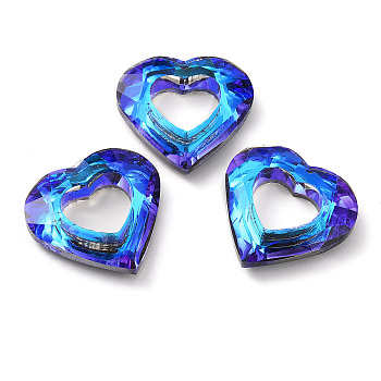 Electroplated Glass Pendants, Back Plated, Faceted Heart Charms, Royal Blue, 24.5x26x6mm, Hole: 11x13mm