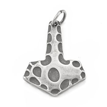 304 Stainless Steel Pendants, with Jump Ring, Thor's Hammer Charm, Antique Silver, 39x29.5x5mm, Hole: 7mm