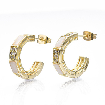 Cubic Zirconia Open Hoop Earrings, Enamel Half Hoop Earrings, C-shape Brass Stud Earrings for Girl Women, Nickel Free, Real 16K Gold Plated, 20x4mm, Pin: 0.8mm