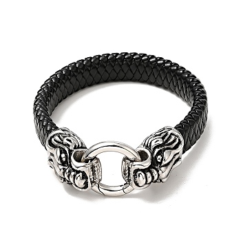 PU Imitation Leather Braided Cord Bracelet, 304 Stainless Steel Tiger Clasp Gothic Bracelet for Men Women, Antique Silver, 8-3/4 inch(22.3cm)