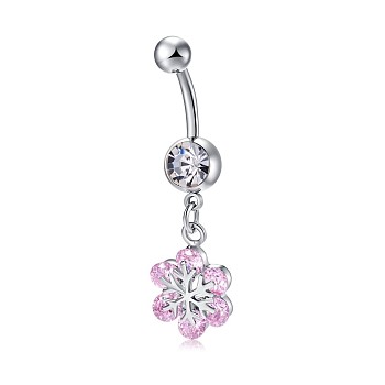 Piercing Jewelry, Brass Cubic Zirconia Navel Ring, Navel Ring Belly Rings, with 304 Stainless Steel Bar, Lead Free & Cadmium Free, Flower, Platinum, Pearl Pink, 42x10mm, Bar Length: 3/8"(10mm), Bar: 14 Gauge(1.6mm)