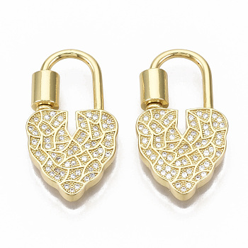 Brass Micro Pave Clear Cubic Zirconia Screw Carabiner Lock Charm, for Necklaces Making, Nickel Free, Heart Lock, Real 16K Gold Plated, 30x17x3mm, screw: 5x6.5mm
