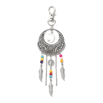 Woven Net/Web with Feather Tibetan Style Alloy Pendant Decorations, with Synthetic Turquoise Lobster Clasp Charms, Clip-on Charms, for Keychain, Purse, Backpack Ornament, 137mm long, Pendant: 106x42.5x5.5mm