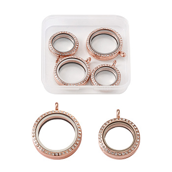 4Pcs 2 Style Alloy Glass Crystal Rhinestone Pendants, DIY Accessories for Jewelry Pendant Making, Flat Round, Rose Gold, 25~30mm, 7mm thick, hole: 4mm, 2pcs/style, Box: 7.4x7.2x1.7cm