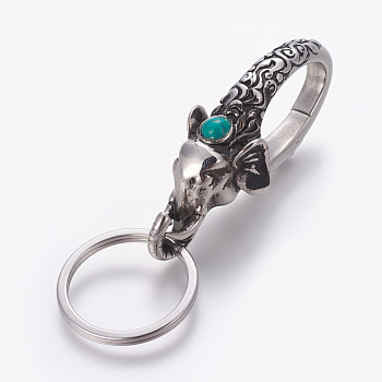 304 Stainless Steel Split Key Rings, Keychain Clasp Findings, with Synthetic Turquoise, Elephant, Antique Silver, 83.5mm, Ring: 28x2.5mm, 22mm Inner Diameter