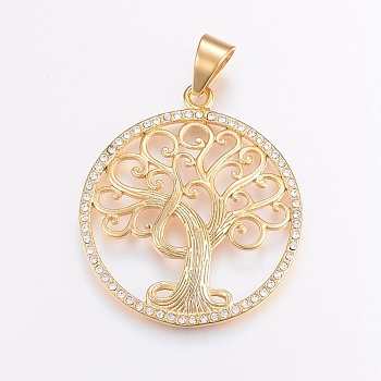 304 Stainless Steel Big Pendants, with Rhinestone, Flat Round with Tree of Life, Golden, 52x45.5x4mm, Hole: 11x8mm